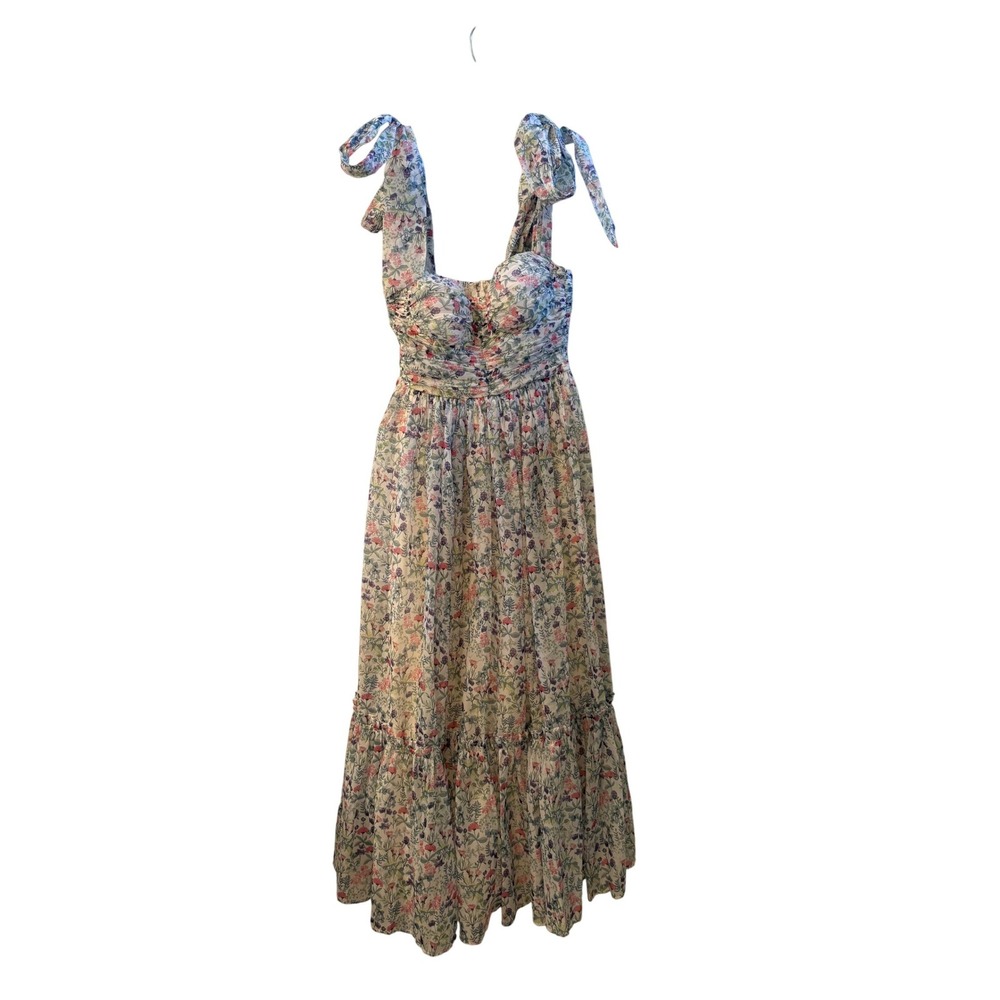 Petal + Pup Floret Midi Dress Multi Floral Tie Shoulder Ruched Women Medium NWT